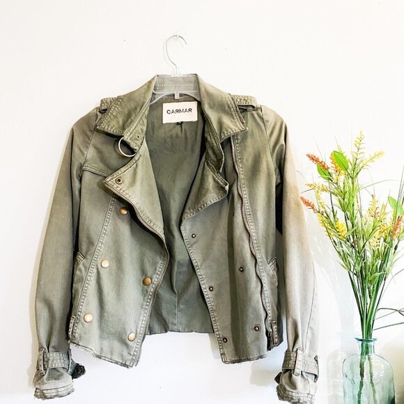 🦋 LF CARMAR Olive Green Moto Zip Up Jacket XS - Picture 2 of 7